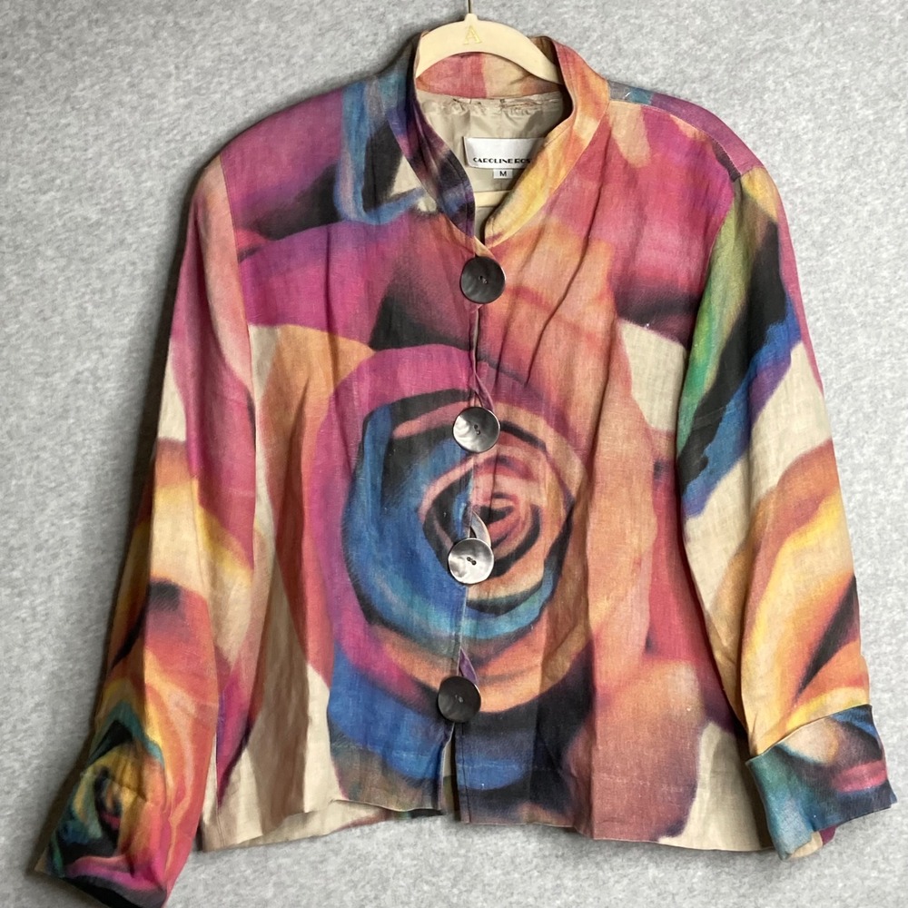 Caroline Rose Linen Jacket Floral Metal Buttons Colorful Artsy Coat USA made Med